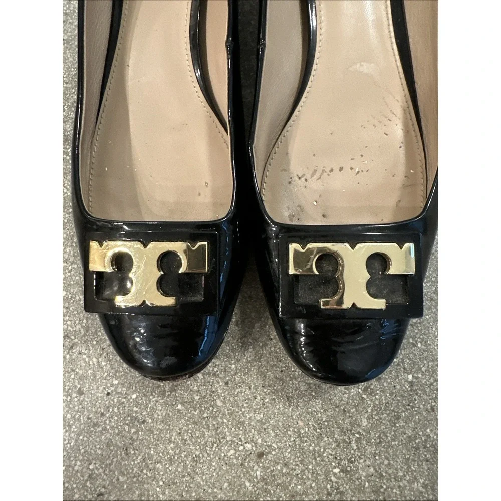 Tory Burch Heels Black Size 9M Patent Leather Gigi Block Pumps Gold Round Toe